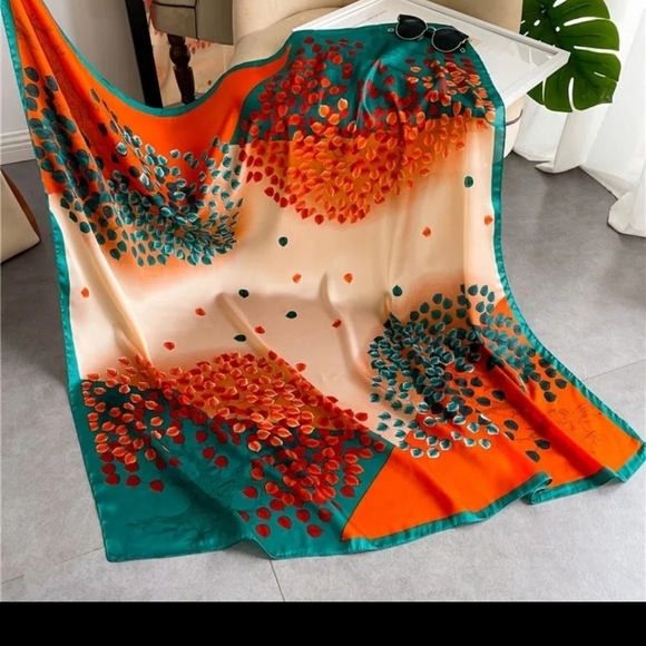 Turquoise silky orange bright happy leaf luxury summer scarf - Picture 3 of 5